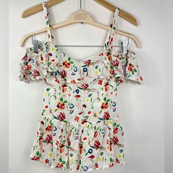 Club Monaco Cold Shoulder Ruffle floral Tie- Waist Top XS - Picture 1 of 5